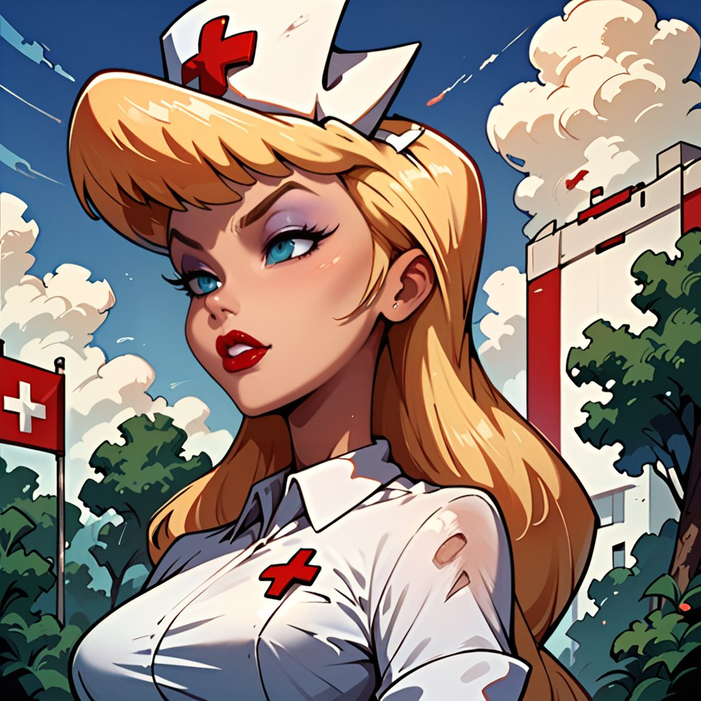 masterpiece, best quality, highly detailed, score_9, score_8_up, score_7_up, score_6_up, source_anime, BREAK,  HellonurseXL, blond hair ,blonde,1girl, lipstick, long hair, blue_eyes, nurse cap, portrait, white nurse uniform, nurse shoes with white bow, outdoors,