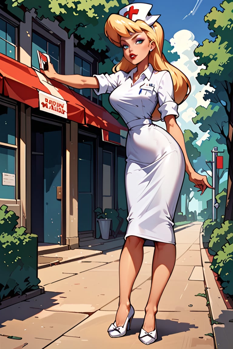 full_body 2:3, outdoors, cartoon style,masterpiece, best quality, highly detailed, score_9, score_8_up, score_7_up, score_6_up, source_anime, BREAK,  HellonurseXL, blond hair, blonde, 1girl, lipstick, long hair, blue_eyes, nurse cap, white nurse uniform, nurse shoes with white bow, perfect eyebrows, looking_at_the_viewer 