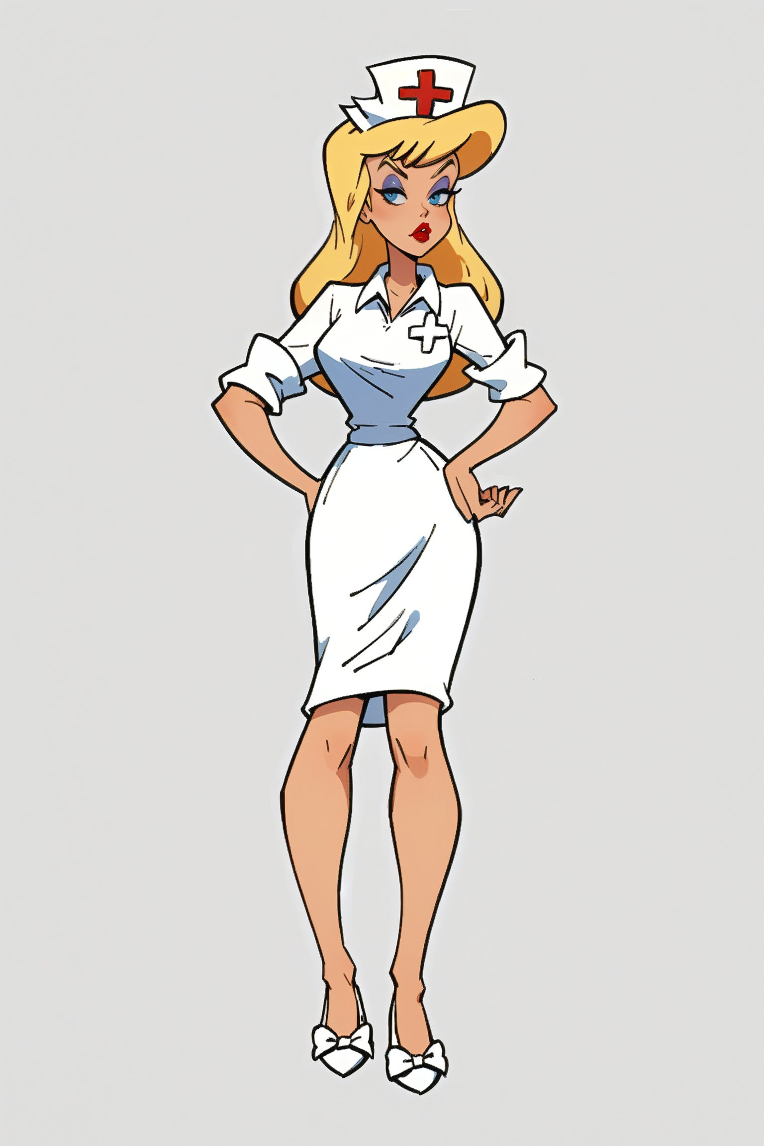 masterpiece, best quality, highly detailed, score_9, score_8_up, score_7_up, score_6_up,  HellonurseXL, BREAK,blond hair ,blonde,1girl, lipstick, long hair, blue_eyes, nurse cap, full_body 2:3, white nurse uniform, nurse shoes with white bow.,source_anime