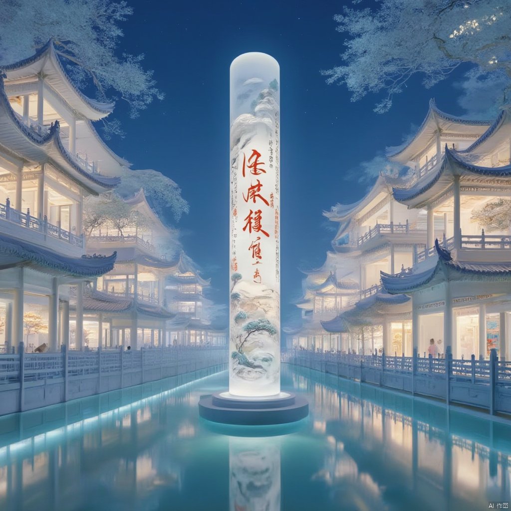 Chinese Picture Scroll
Captured at eye-level on a low-angle perspective
a tall white pillar stands in the middle of a pool of water. The pillar is adorned with Chinese characters in red and black
adding a touch of vibrant to the scene. To the right of the pillar is a row of Chinese pagodas
each with a unique design. The pool is surrounded by a blue railing
creating a striking contrast to the white pillar. The sky is a deep blue
dotted with white stars.
