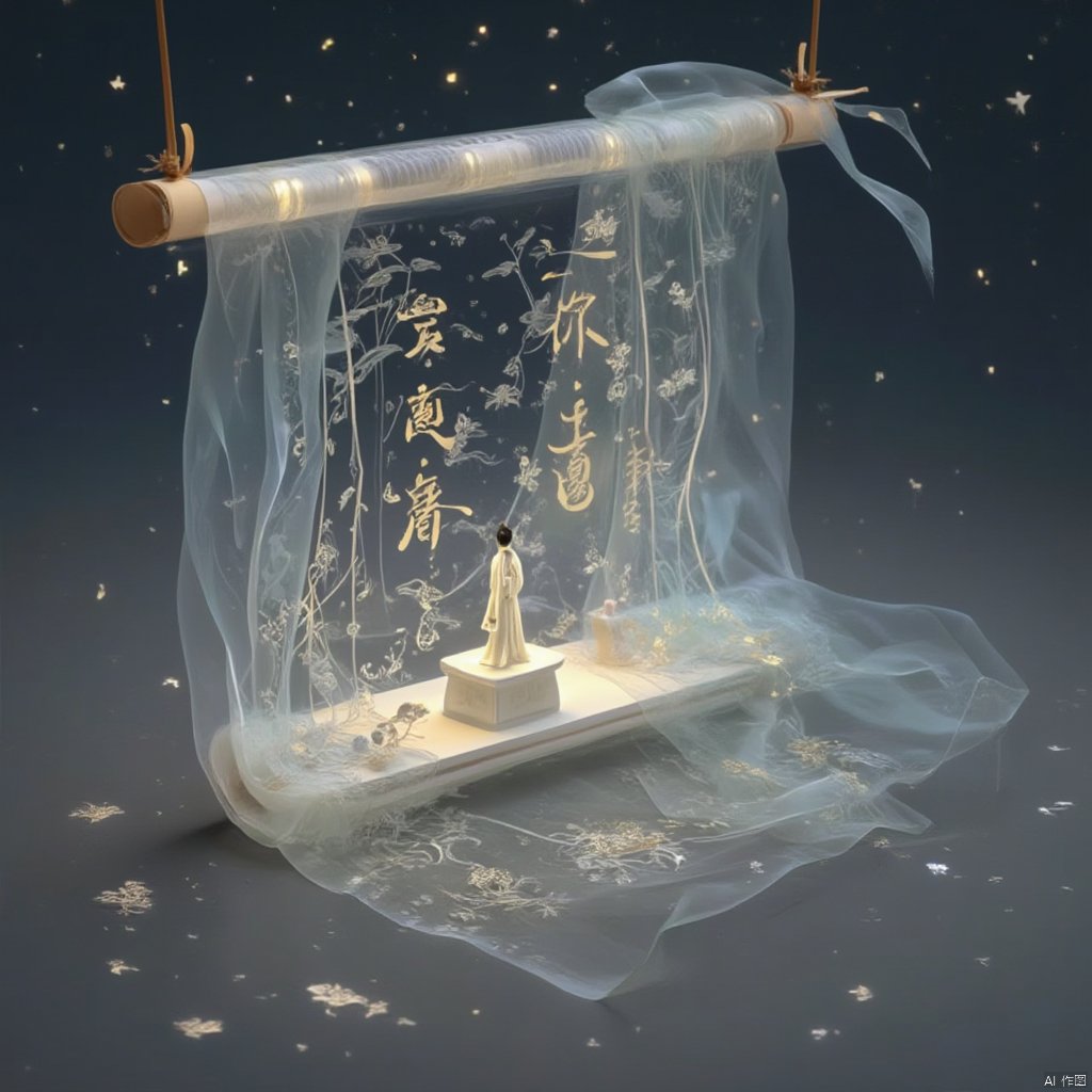 Chinese Picture Scroll
Captured from a low-angle perspective on a dark gray surface
a transparent glass container is suspended from a brown roll. The glass container has Chinese characters written on it in gold lettering. A white porcelain figurine is perched on a white pedestal with a brown handle on the left side of the container. The container is filled with a transparent transparent material
and a white curtain is draped across the top of it. There are white stars in the dark background
adding a pop of color to the scene.
