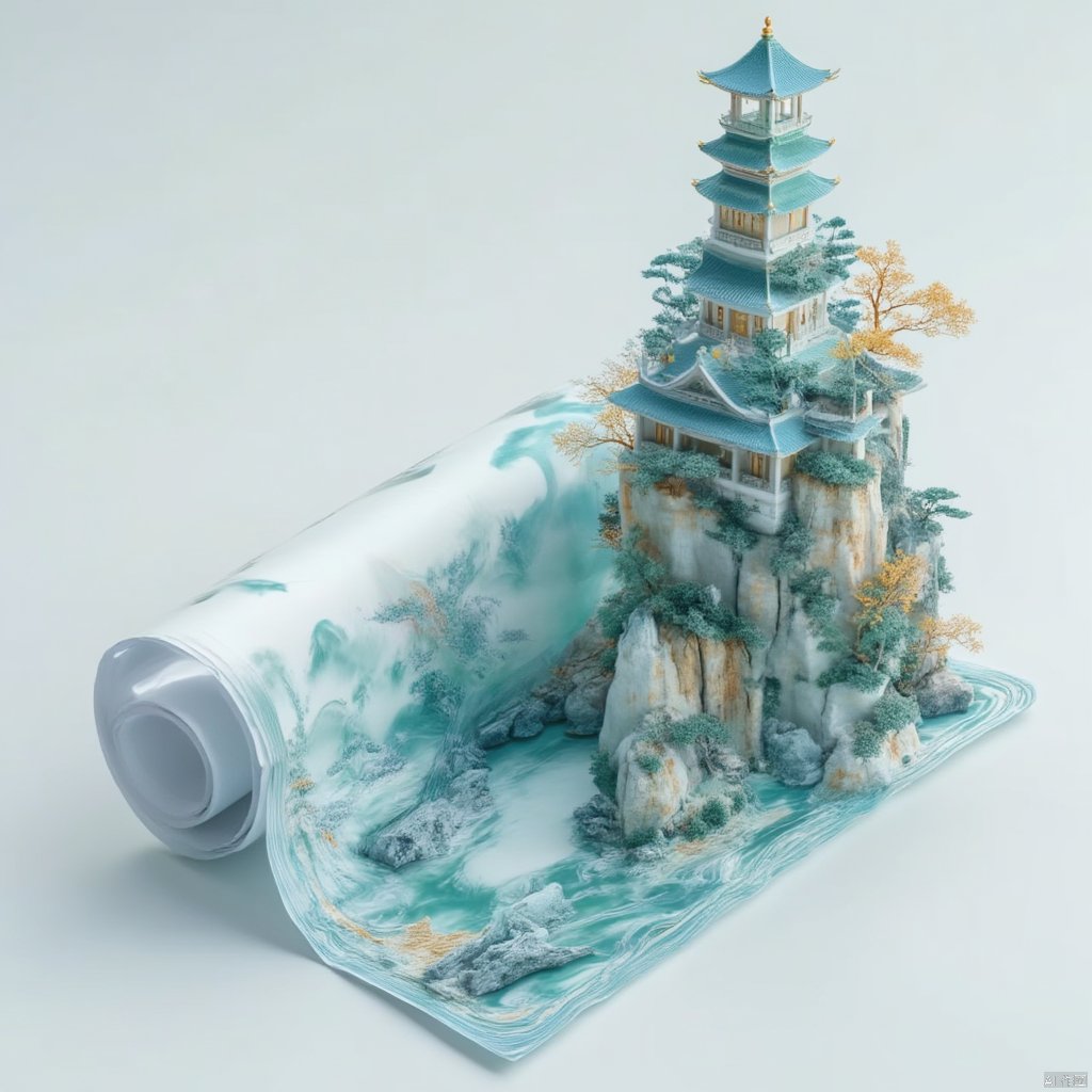 Chinese Picture Scroll
Captured from a low-angle perspective on a pristine white backdrop
a vibrant blue-green landscape is adorned with a detailed illustration of a Chinese pagoda
adorned with gold accents. The pagoda stands tall
adding a pop of color to the scene. In the foreground
a long
curved roll of paper rests against the backdrop
adding depth to the composition.