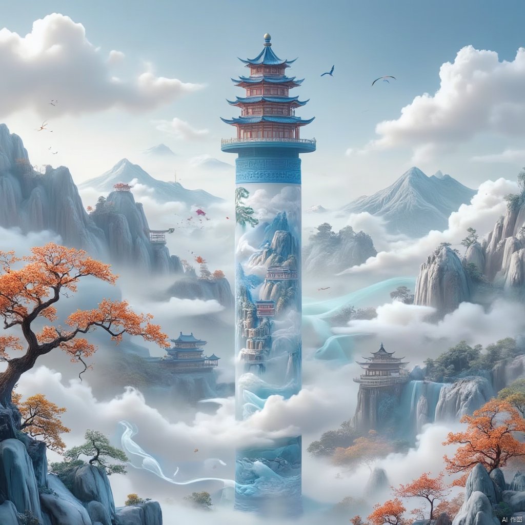 Chinese Picture Scroll
a vibrant blue and white Chinese tower stands in the middle of the frame. The tower is adorned with a detailed array of images
including a pagoda
a temple
and a waterfall. To the left of the tower is a tree with orange leaves
while to the right of the tree are two birds flying in the air. The sky is filled with white clouds
adding a touch of color to the scene. In the background
a mountain range can be seen.