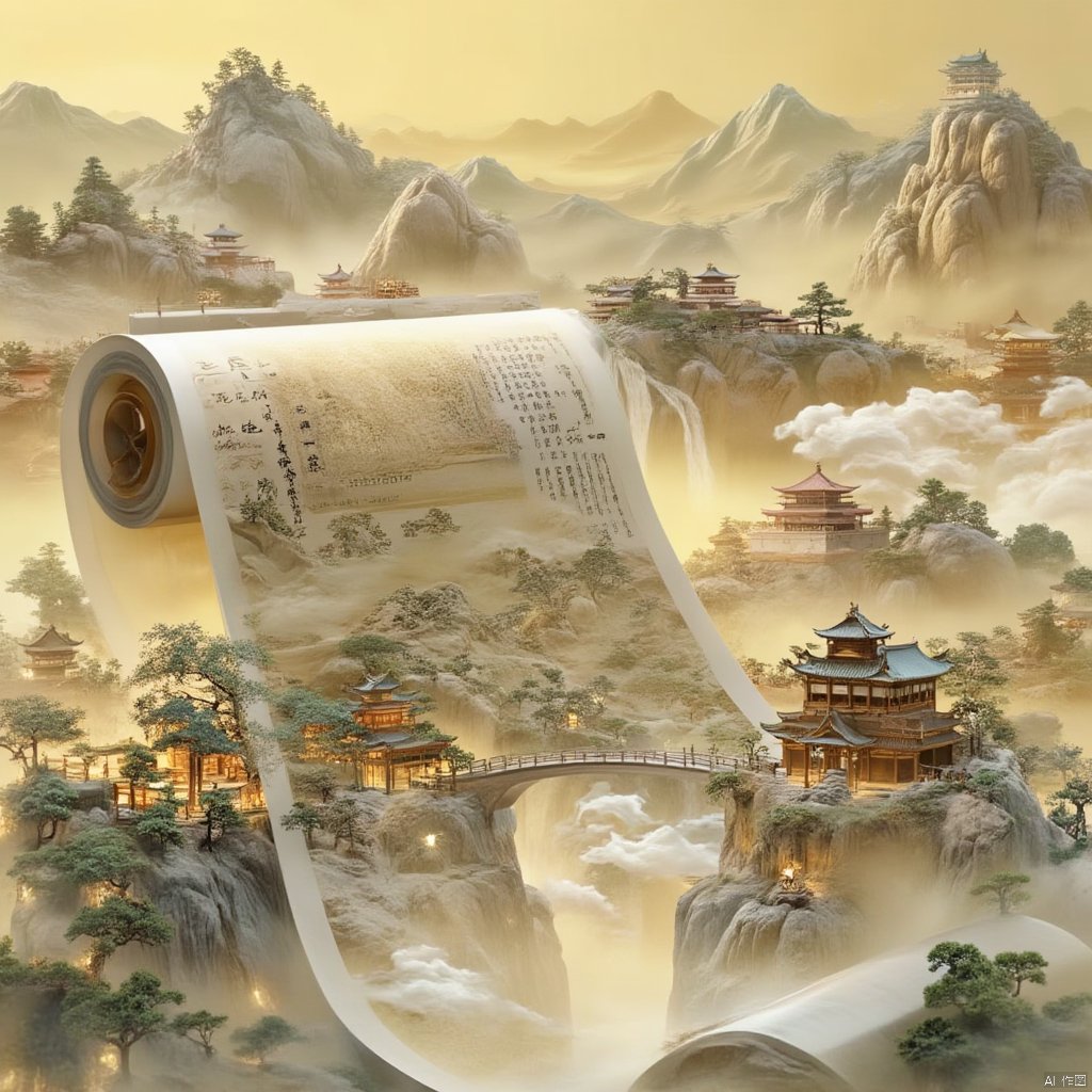 Chinese Picture Scroll
a collage of a Japanese temple is depicted. The temple is set against a backdrop of a mountain range
with a waterfall cascading down the side of the mountain. The scene is composed of multiple images
including a temple
a bridge
and a waterfall. The sky is a muted yellow
with wispy white clouds
adding a touch of color to the scene.
