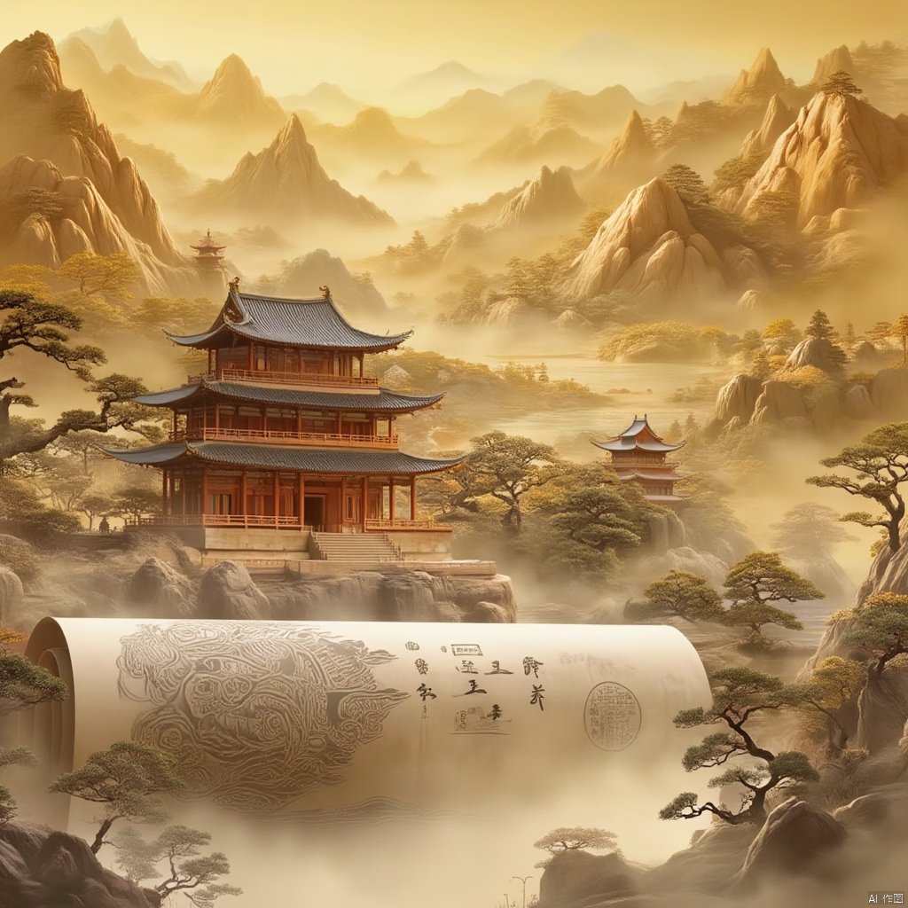 Chinese Picture Scroll
a detailed detailed illustration of a Chinese temple is featured prominently in the foreground. The temple is adorned with intricate Chinese symbols
adding a touch of beauty to the scene. The background is a mix of mountains
trees
and a body of water
creating a stunning contrast to the viewer. The sky is a muted yellow
with a few wispy clouds in the air
adding depth to the overall composition.
