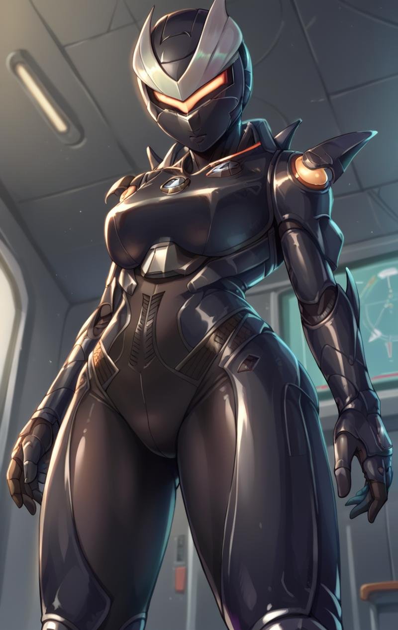 score_9,score_8_up,score_7_up BREAK <lora:oblivon:1>,oblivonSDXL,1girl,armor,bodysuit,helmet,science fiction,skin tight,black bodysuit,power armor,tokusatsu,cowboy shot,room,room background,from below,