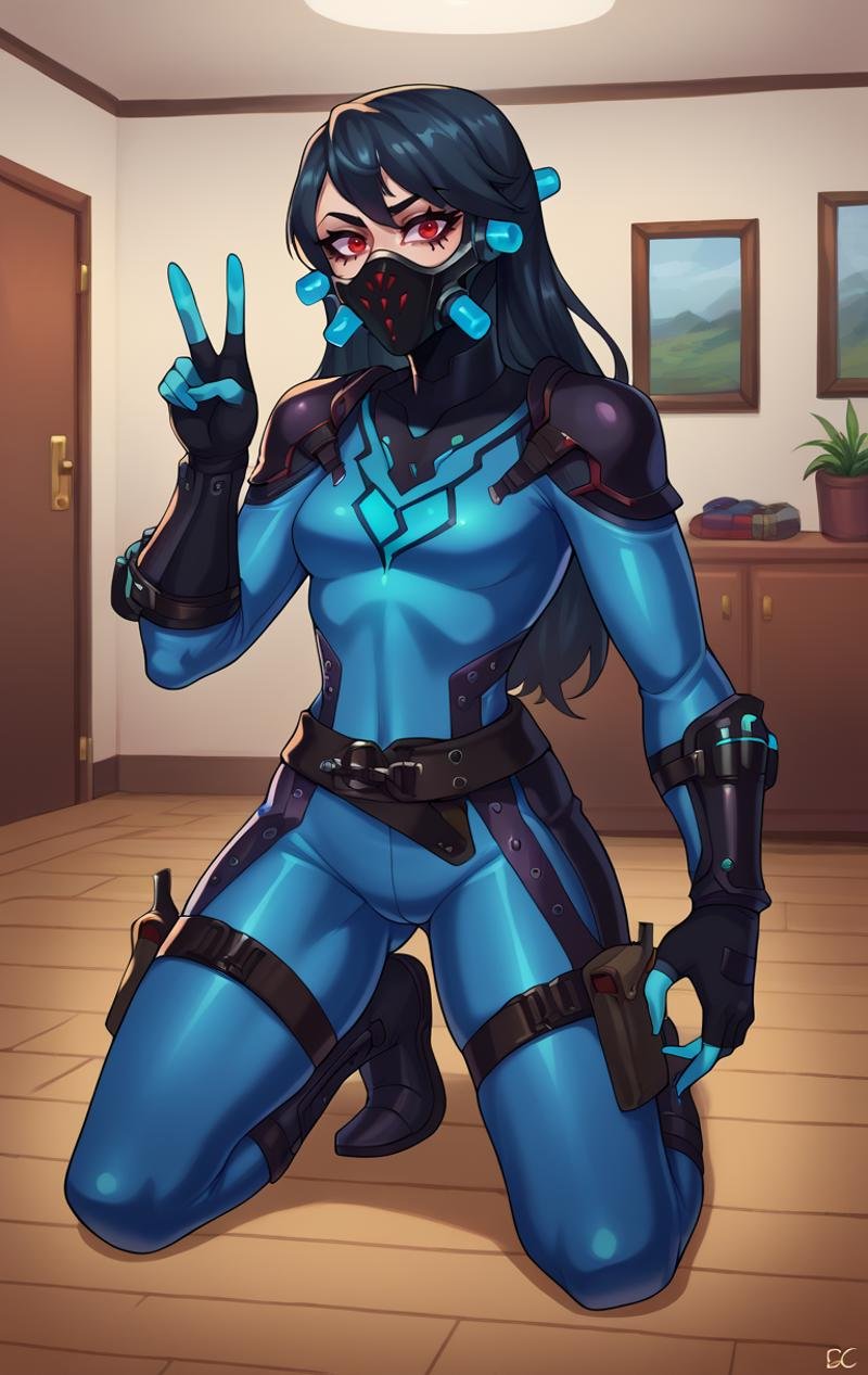 score_9,score_8_up,score_7_up BREAK <lora:Slurpentine:0.9>,SlurpentineSDXL,1girl,long hair,black hair,red eyes,gloves,belt,fingerless gloves,armor,bodysuit,mask,glowing,sheath,skin tight,mouth mask,cowboy shot,room,room background,kneeling,v,