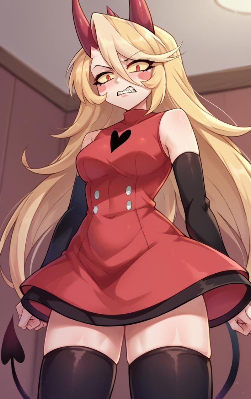 score_9,score_8_up,score_7_up BREAK <lora:charliemorningstar:1>,charliemorningstarSDXL,1girl,red sclera,red eyes,long hair,blonde hair,thighhighs,dress,hair between eyes,bare shoulders,very long hair,tail,detached sleeves,horns,teeth,black sleeveless,black thighhighs,zettai ryouiki,sleeveless dress,blush stickers,short dress,red dress,demon girl,demon horns,demon tail,red horns,turtleneck dress,cowboy shot,room,room background,from below,