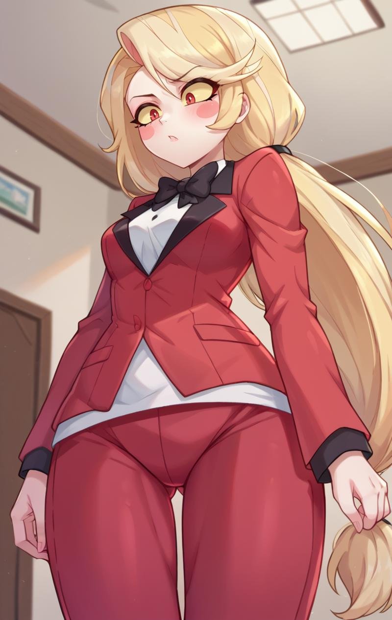 score_9,score_8_up,score_7_up BREAK <lora:charliemorningstar:0.9>,charliemorningstarSDXL,1girl,red eyes,yellow sclera,low ponytail,pale skin,long hair,blush,blonde hair,shirt,long sleeves,bow,very long hair,jacket,cowboy shot,red pants,bowtie,black bow,makeup,colored skin,blush stickers,thigh gap,black pants,red jacket,low-tied long hair,black bowtie,cowboy shot,room,room background,from below,