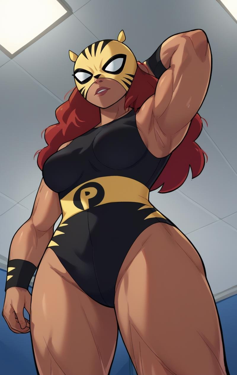 score_9,score_8_up,score_7_up,source_cartoon BREAK <lora:pantha:1>,pantha2003,1girl,solo,long hair,Aurburn_hair,dark skin,dark-skinned female,mask,muscular female,wrestling outfit,black leotard,black shirt,from below,room,room background,