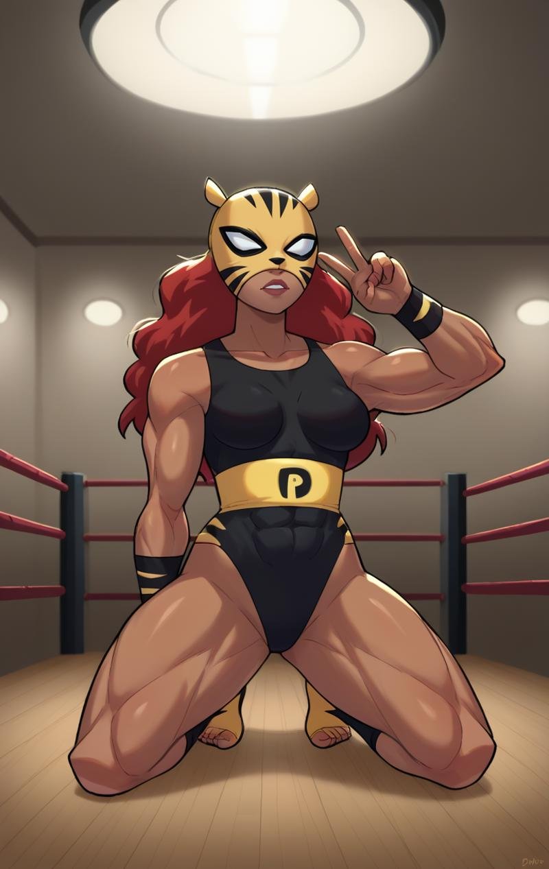 score_9,score_8_up,score_7_up,source_cartoon BREAK <lora:pantha:1>,pantha2003,1girl,solo,long hair,Aurburn_hair,dark skin,dark-skinned female,mask,muscular female,wrestling outfit,black leotard,black shirt,room,room background,kneeling,v