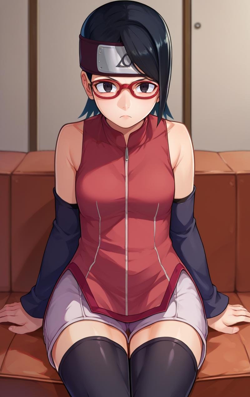 score_9,score_8_up,score_7_up,source_cartoon BREAK <lora:sarada:1>,saradaSDXL,1girl,black hair,thighhighs,black eyes,shorts,detached sleeves,glasses,bike shorts,red-framed eyewear,forehead protector,konohagakure symbol,cowboy shot,room,room background,sitting,