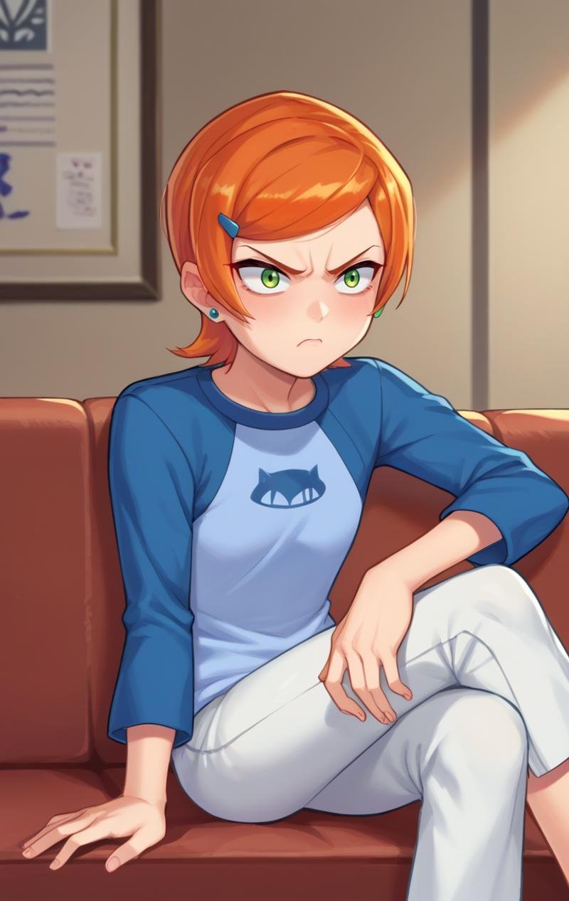 score_9,score_8_up,score_7_up,source_cartoon BREAK <lora:gwen10:0.8>,GwenSDXL,1girl,short hair,shirt,hair ornament,long sleeves,jewelry,green eyes,earrings,hairclip,pants,orange hair,swept bangs,raglan sleeves,cowboy shot,room,room background,sitting,angry,couch,