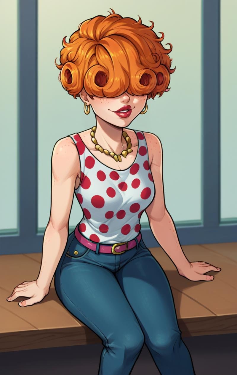 score_9,score_8_up,score_7_up BREAK source_cartoon,<lora:lee-10:1>,leeKankerSDXL,1girl,earrings,short hair,belt,pants,necklace,orange hair,makeup,polka dot,denim,lipstick,curly hair,freckless,jeans,hoop earrings,hair over eyes,room,room background,sitting,