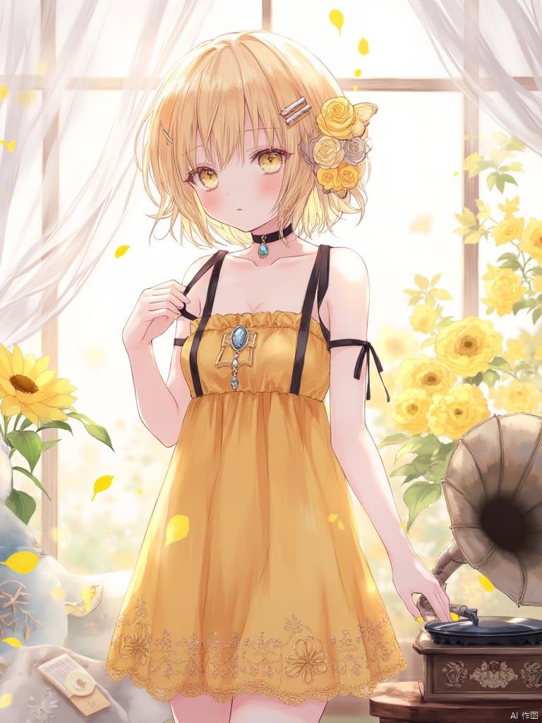 yunran,A girl with short golden hair and yellow eyes. There are yellow roses and butterfly-shaped hair clips in her hair. She is wearing a yellow dress. Around her neck is a gemstone necklace and a black choker. The straps of the dress are black. The girl's left hand is fiddling with the strap and her right hand is grasping a white transparent curtain. The lower part of the dress is decorated with pattern designs. The girl is standing in front of a window with yellow flowers. There is an old-fashioned vinyl record player on the right side of the girl.