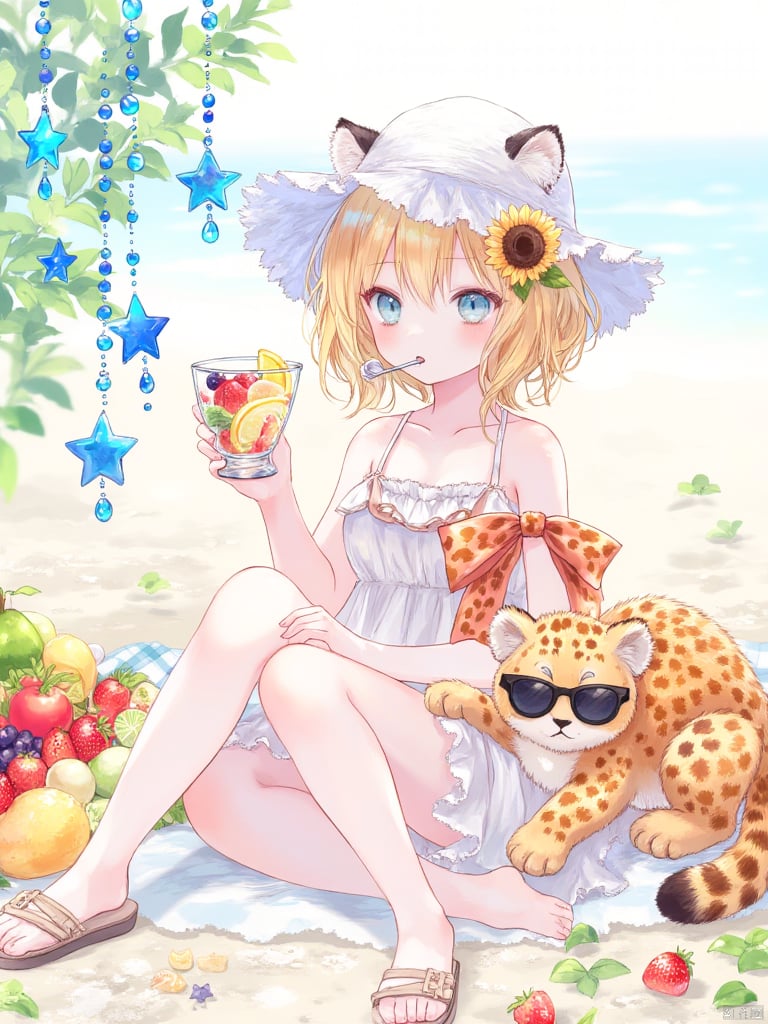 yunran,A girl with cat ears. She has golden hair and blue eyes. She is sitting on the beach with a cheetah on her lap. She is holding a cup of fruit in her right hand and there is a spoon in her mouth. There is a sunflower pinned in her hair and she is wearing a white sun hat. Her eyes are sharp blue. Her dress is decorated with a sunflower in the middle of her hair. Her legs are crossed at the bottom. Her shoes are light brown and she is wearing a pair of sandals. The cheetah is wearing sunglasses on its left hand. Her left hand is resting on the cheetah's back. There is a pile of fruit on the left side of the image. There are blue stars hanging in the upper left corner.