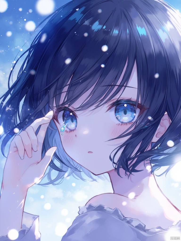 yunran,A girl with short black hair and blue eyes. The girl has fair skin. She is wearing a ring on her left hand and is about to wipe away the tears from her left eye. Her eyes are blue and her hair is fluttering in the wind. The background is a mixture of blue and white. White snowflakes are falling on the left side of the image. Close-up shot.