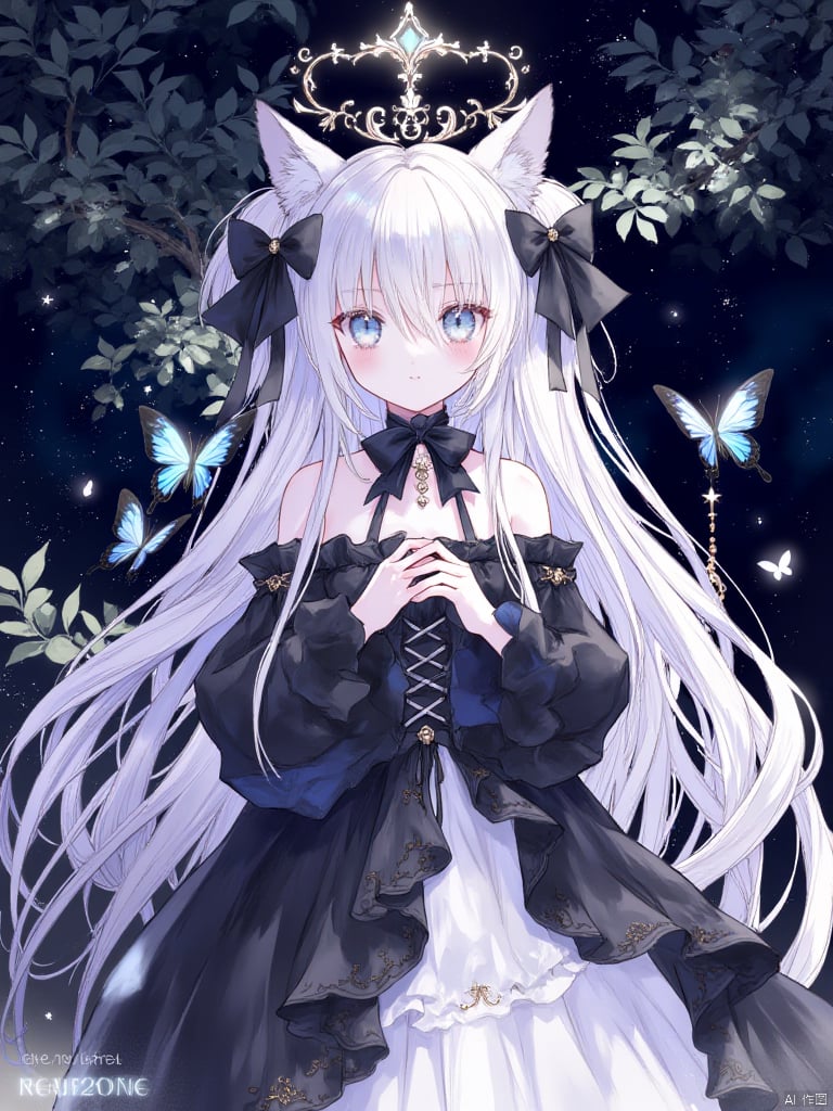 yunran,An animated girl with long white hair and blue eyes. She is wearing a black evening dress with a white skirt and flared sleeves. There is a black bow on her shoulder. The dress has exquisite golden decorations. Her hair is tied into a ponytail and she is wearing a crown on her head with bows pinned on both sides. There are blue butterflies on both sides of her. She has her hands crossed on her chest. There is a tree with green leaves behind her. The background is dark and there are white stars in the sky.