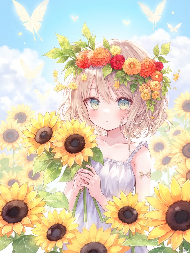 yunran,A girl with a flower wreath on her head and wearing a white dress. The wreath is composed of flowers and leaves. The flowers are orange, red and yellow. The girl is surrounded by sunflowers. The girl is holding two bunches of sunflowers in her hand. The background is a light blue sky with white clouds. There are white butterflies in the sky. Close-up, soft light.