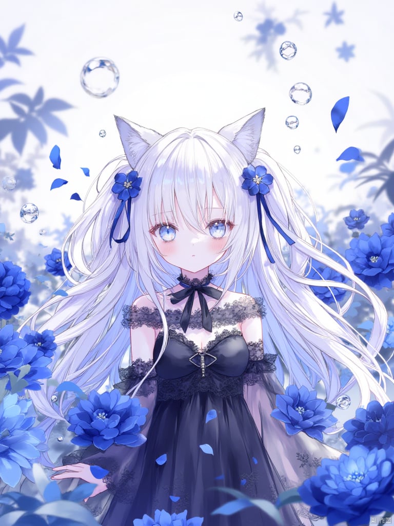 yunran,An animated image shows a girl with long white hair, blue eyes and a black lace dress. The girl is surrounded by blue flowers and blue ribbons. The background is blurry and there are bubbles floating in the air.