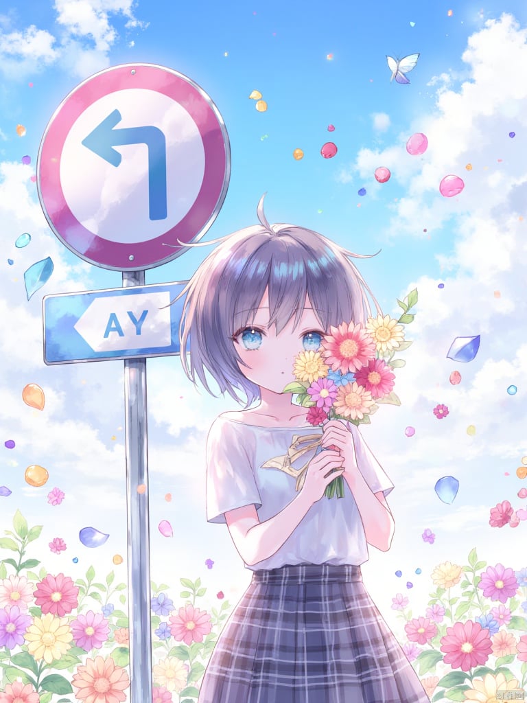 yunran,A girl is holding a bouquet of flowers. The girl is wearing a short-sleeved shirt and a plaid skirt. Her hair is short and dark brown. Her eyes are blue. She is standing in front of a sign with a left arrow. This sign has a white circle with a blue arrow. The sky is full of clouds. There are many colorful flowers in the sky around the girl.