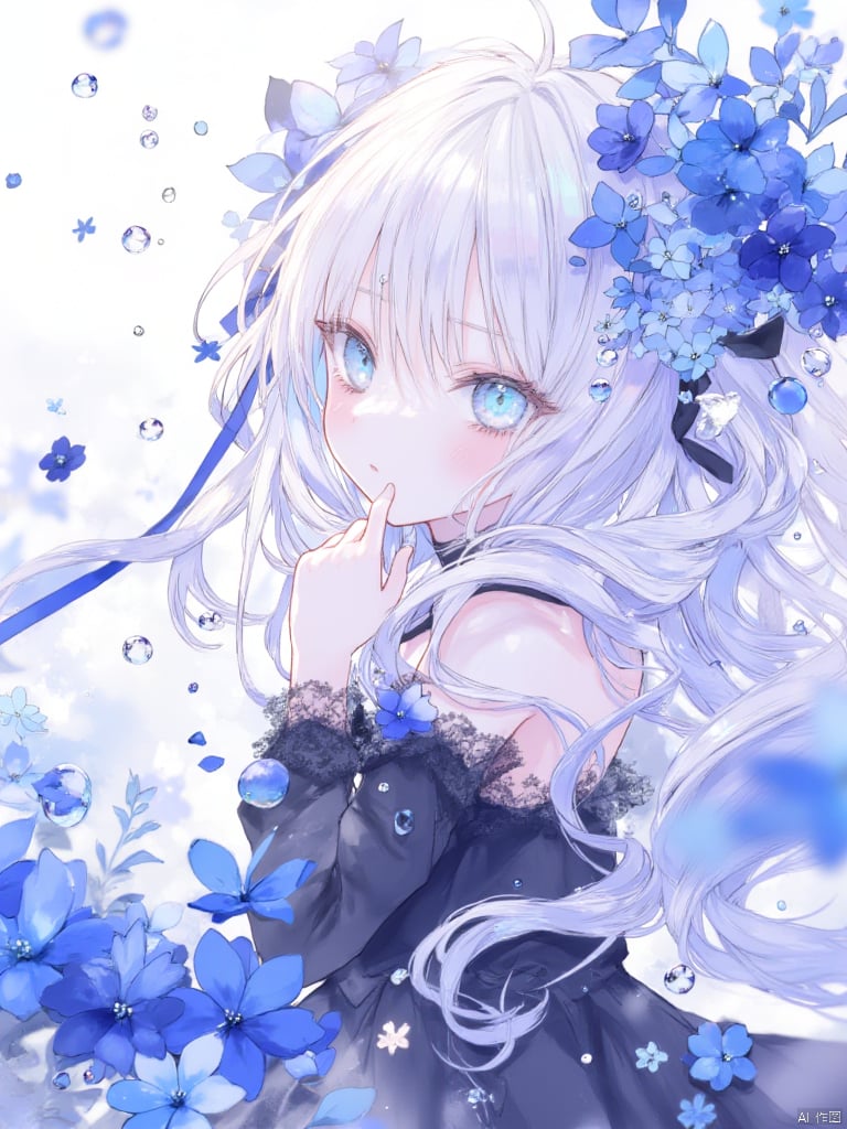 yunran,An animated image shows a girl with long white hair, blue eyes and a black lace dress. The girl is surrounded by blue flowers and blue ribbons. The background is blurry and there are bubbles floating in the air.