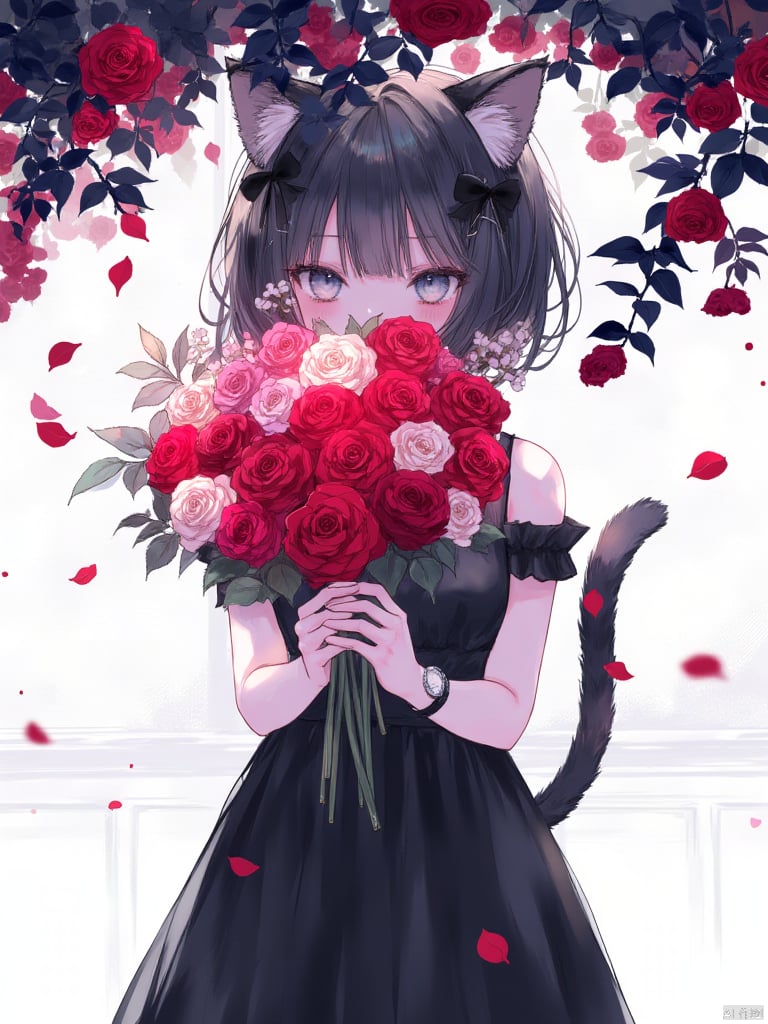 yunran,A girl in a black dress and holding a colorful bouquet of roses is standing under a tree. The girl's face is covered by roses. Her hair falls on her shoulders, adding a touch of beauty to this scene. The girl has black cat ears and a black cat tail. The background is a white wall, which forms a sharp contrast with the girl's dress and roses.