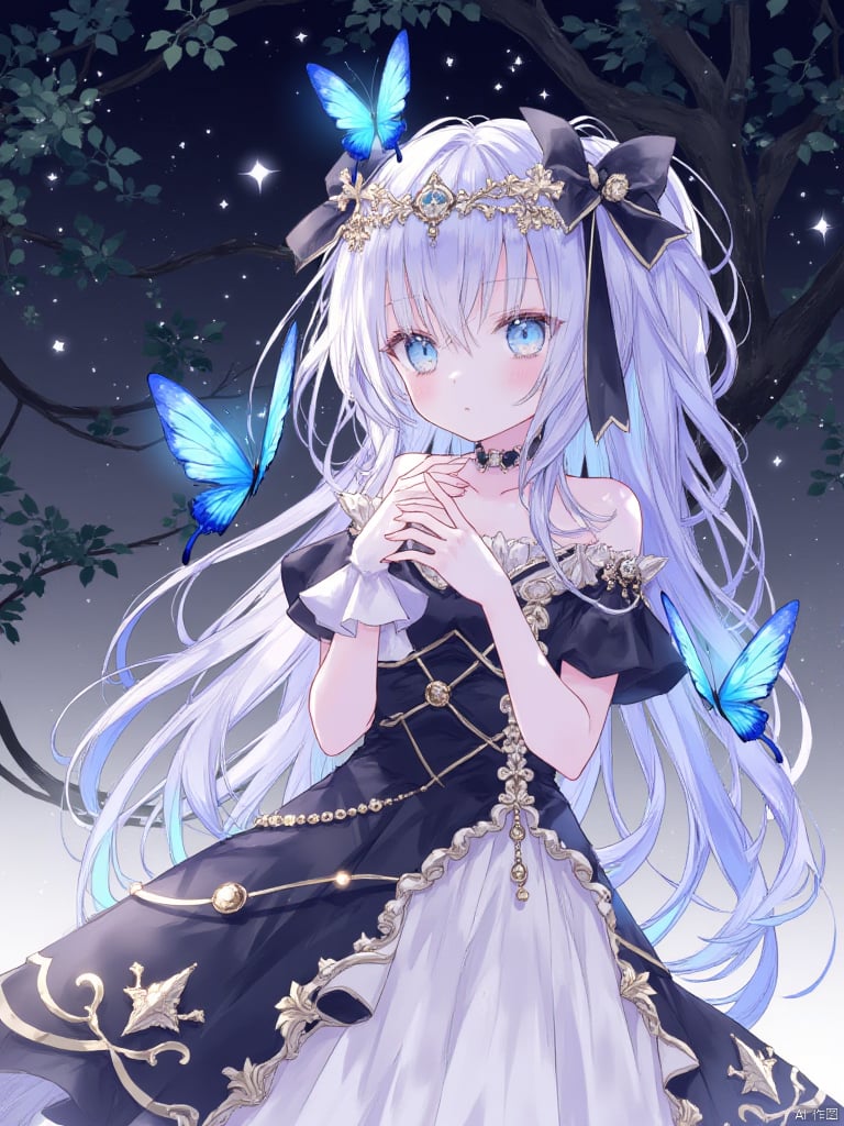 yunran,An animated girl with long white hair and blue eyes. She is wearing a black evening dress with a white skirt and flared sleeves. There is a black bow on her shoulder. The dress has exquisite golden decorations. Her hair is tied into a ponytail and she is wearing a crown on her head with bows pinned on both sides. There are blue butterflies on both sides of her. She has her hands crossed on her chest. There is a tree with green leaves behind her. The background is dark and there are white stars in the sky.