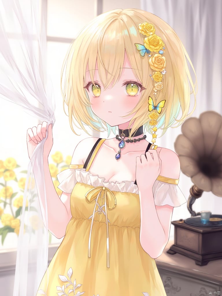 yunran,A girl with short golden hair and yellow eyes. There are yellow roses and butterfly-shaped hair clips in her hair. She is wearing a yellow dress. Around her neck is a gemstone necklace and a black choker. The straps of the dress are black. The girl's left hand is fiddling with the strap and her right hand is grasping a white transparent curtain. The lower part of the dress is decorated with pattern designs. The girl is standing in front of a window with yellow flowers. There is an old-fashioned vinyl record player on the right side of the girl.