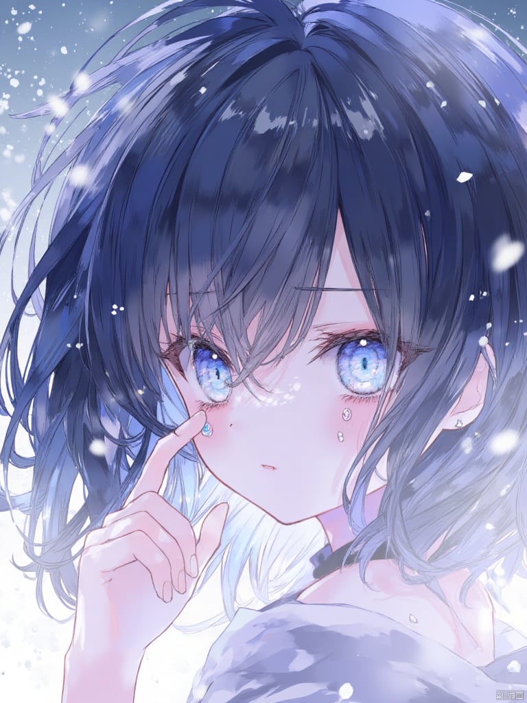 yunran,A girl with short black hair and blue eyes. The girl has fair skin. She is wearing a ring on her left hand and is about to wipe away the tears from her left eye. Her eyes are blue and her hair is fluttering in the wind. The background is a mixture of blue and white. White snowflakes are falling on the left side of the image. Close-up shot.