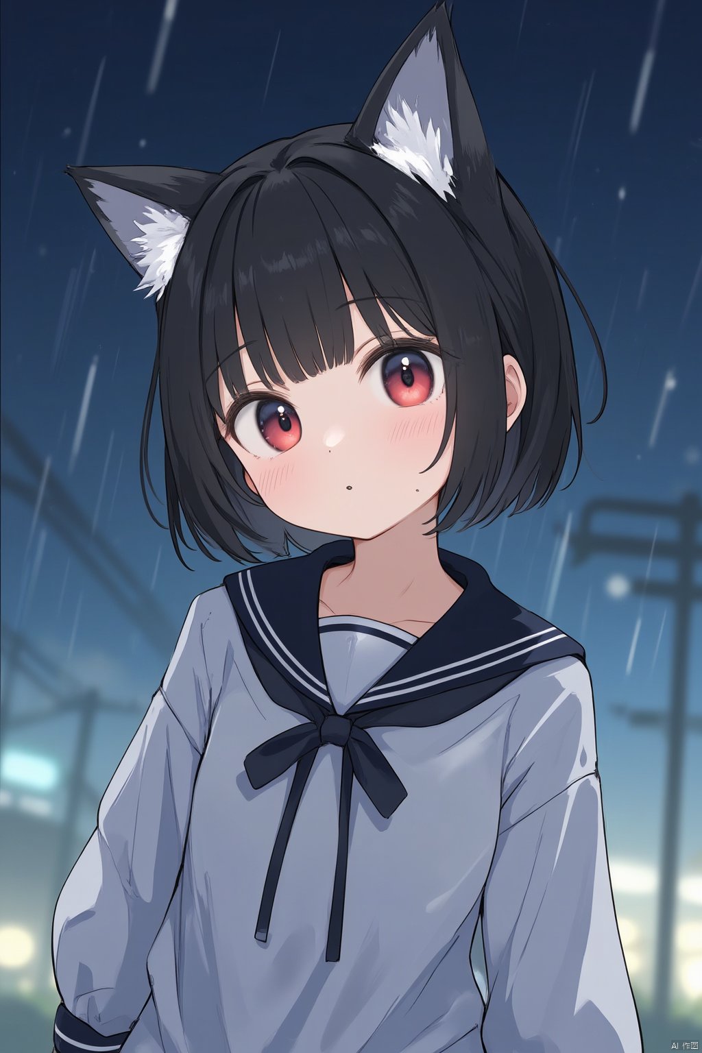 animal_ears, 1girl, black_hair, sailor_collar, solo, short_hair, cat_ears, school_uniform, serafuku, black_sailor_collar, upper_body, rain, shirt, white_shirt, long_sleeves, night, closed_mouth, scenery, bangs