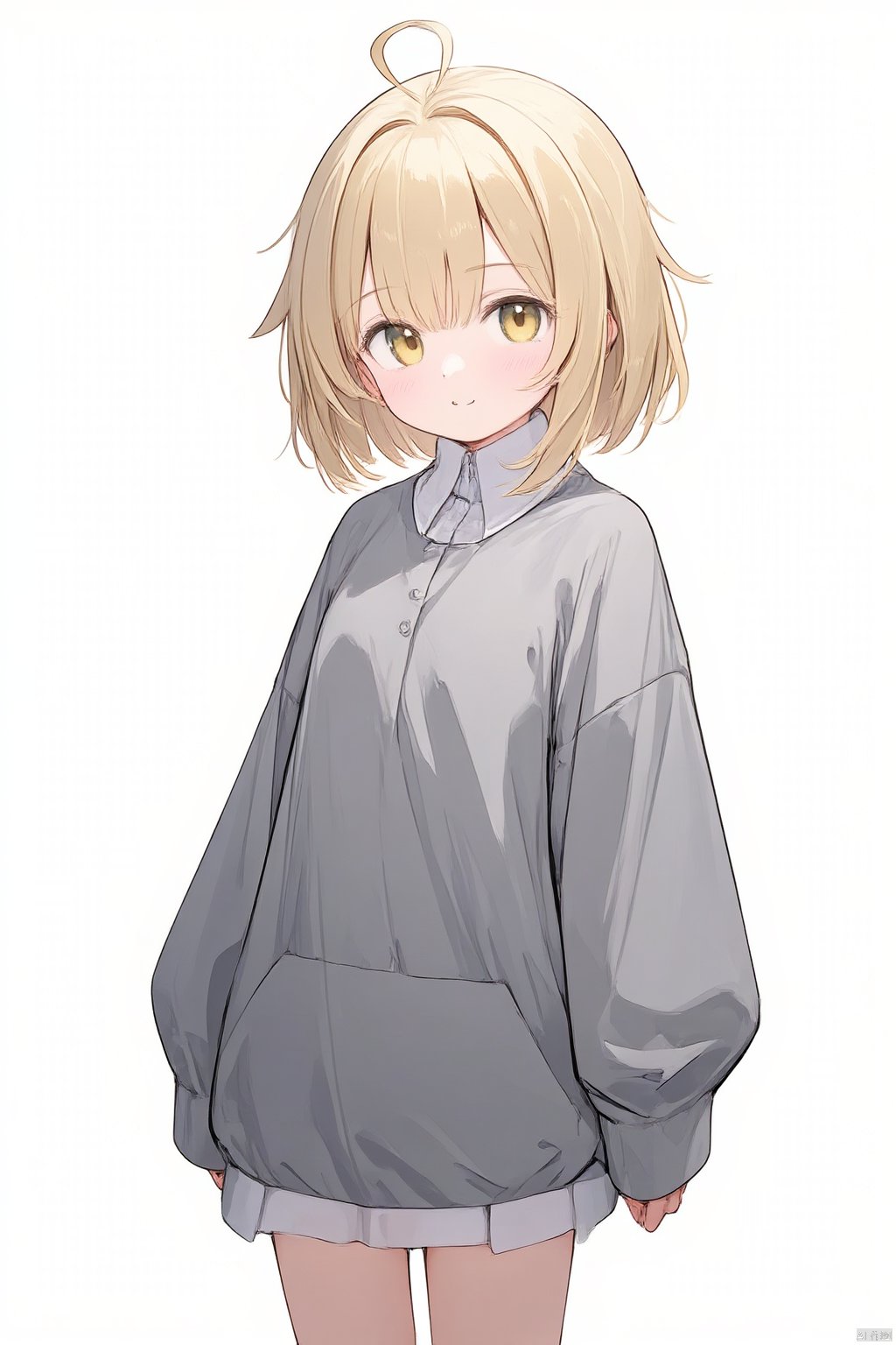 1girl, blonde_hair, eyewear_on_head, full_body, long_sleeves, looking_at_viewer, pants, simple_background, smile, solo, standing, white_background, yellow_eyes