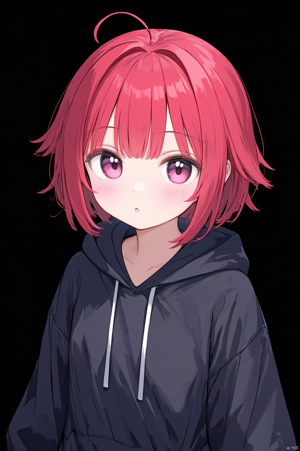 1girl, aura, black_background, black_skirt, breasts, closed_mouth, cowboy_shot, gloves, hood, hoodie, long_sleeves, looking_at_viewer, pink_eyes, red_hair, short_hair, solo