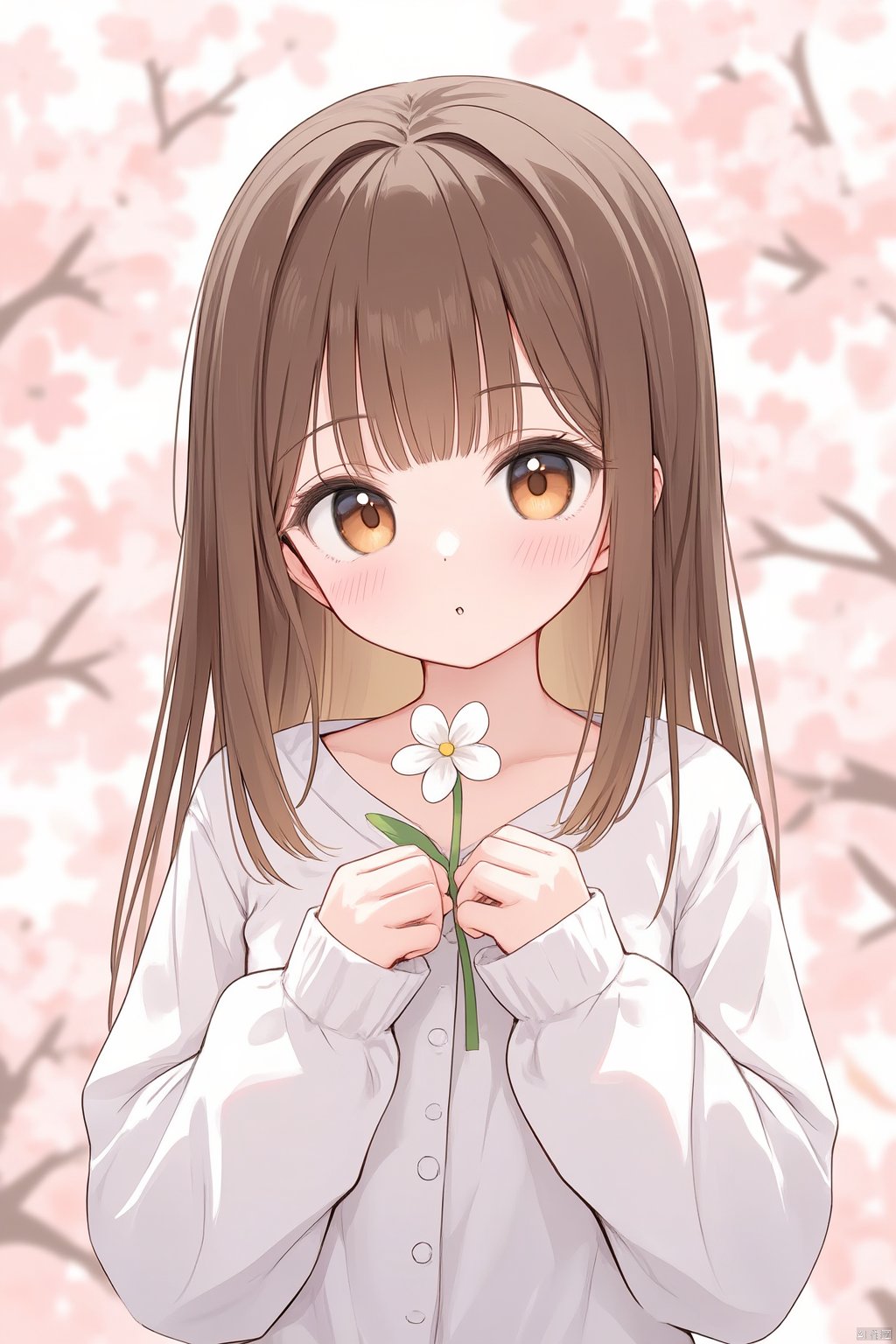 best quality, amazing quality, very aesthetic,1girl, solo, long_hair, brown_hair, looking_at_viewer, cherry_blossoms, blurry, shirt, parted_lips, bangs, upper_body, long_sleeves, flower, holding, depth_of_field, blush, brown_eyes, branch, blurry_foreground, white_shirt, petals, holding_flower, hands_up, collarbone, white_flower, day