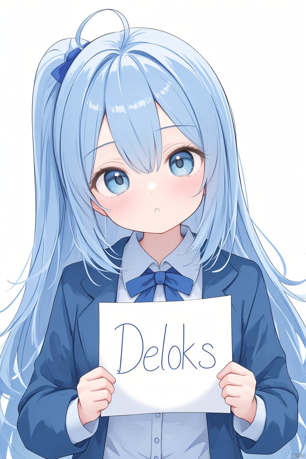 1girl, solo, long hair, looking at viewer, blush, bangs, blue eyes, simple background, shirt, long sleeves, white background, bow, closed mouth, blue hair, jacket, monochrome, upper body, ponytail, ahoge, collared shirt, bowtie, open jacket, v-shaped eyebrows, blue bow, blue jacket, blue theme,Holding up a sign that says"Deloks."