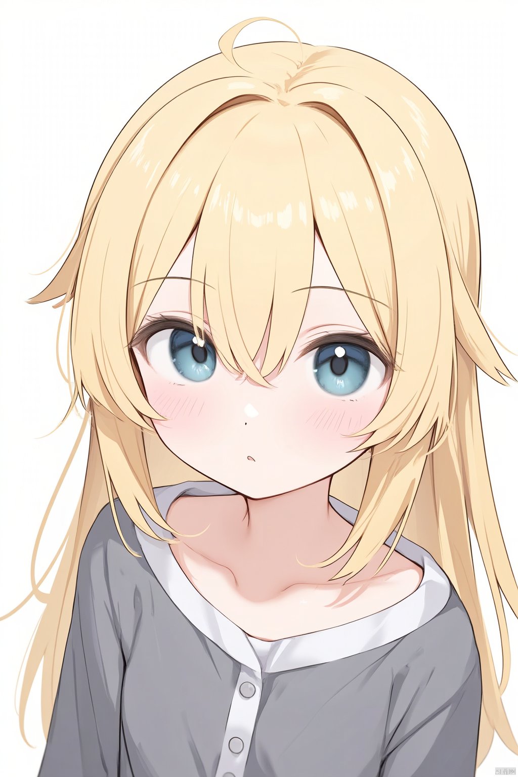 1girl, bangs, bare_shoulders, blonde_hair, blue_eyes, breasts, closed_mouth, collarbone, eyebrows_visible_through_hair, hair_between_eyes, long_hair, off_shoulder, simple_background, solo, upper_body, white_background