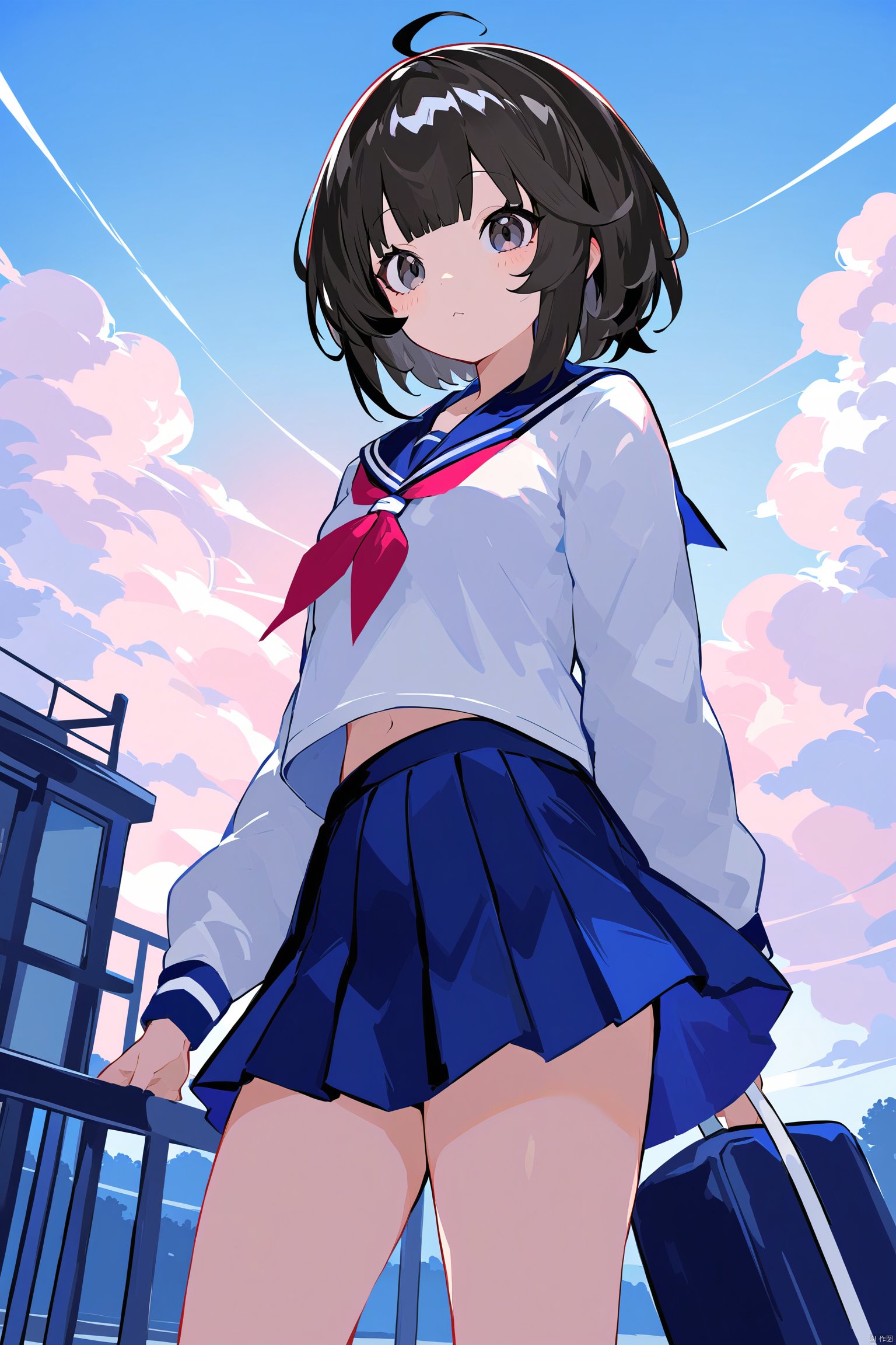 1girl, bangs, black_hair, blue_sailor_collar, blue_skirt, long_sleeves, outdoors, pleated_skirt, sailor_collar, school_uniform, serafuku, shirt, short_hair, skirt, sky, solo, white_shirt