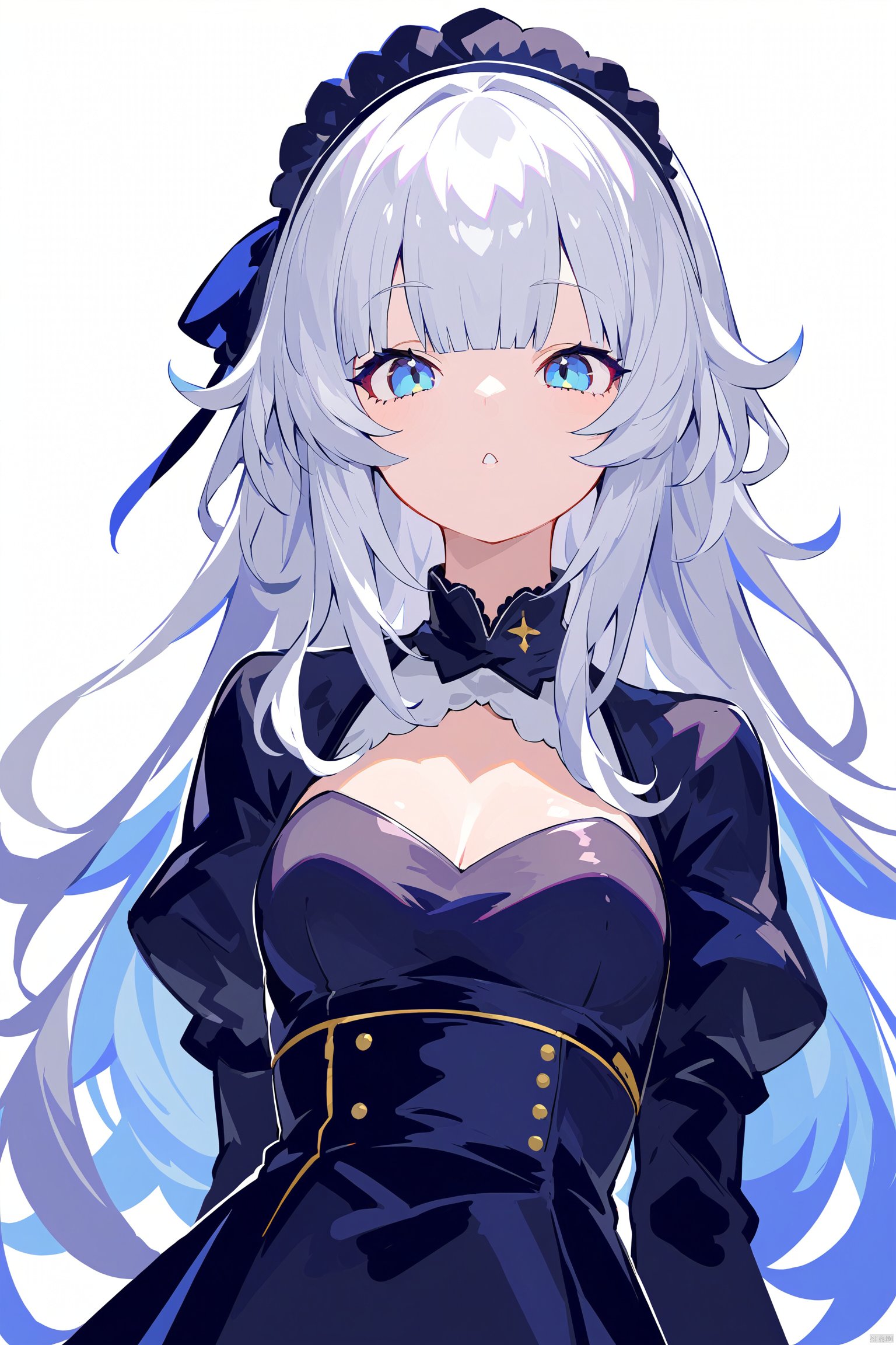 1girl, bangs, black_dress, blue_eyes, breasts, dress, grey_hair, hair_ornament, juliet_sleeves, long_hair, long_sleeves, looking_at_viewer, medium_breasts, parted_lips, puffy_short_sleeves, puffy_sleeves, simple_background, solo, upper_body, white_background