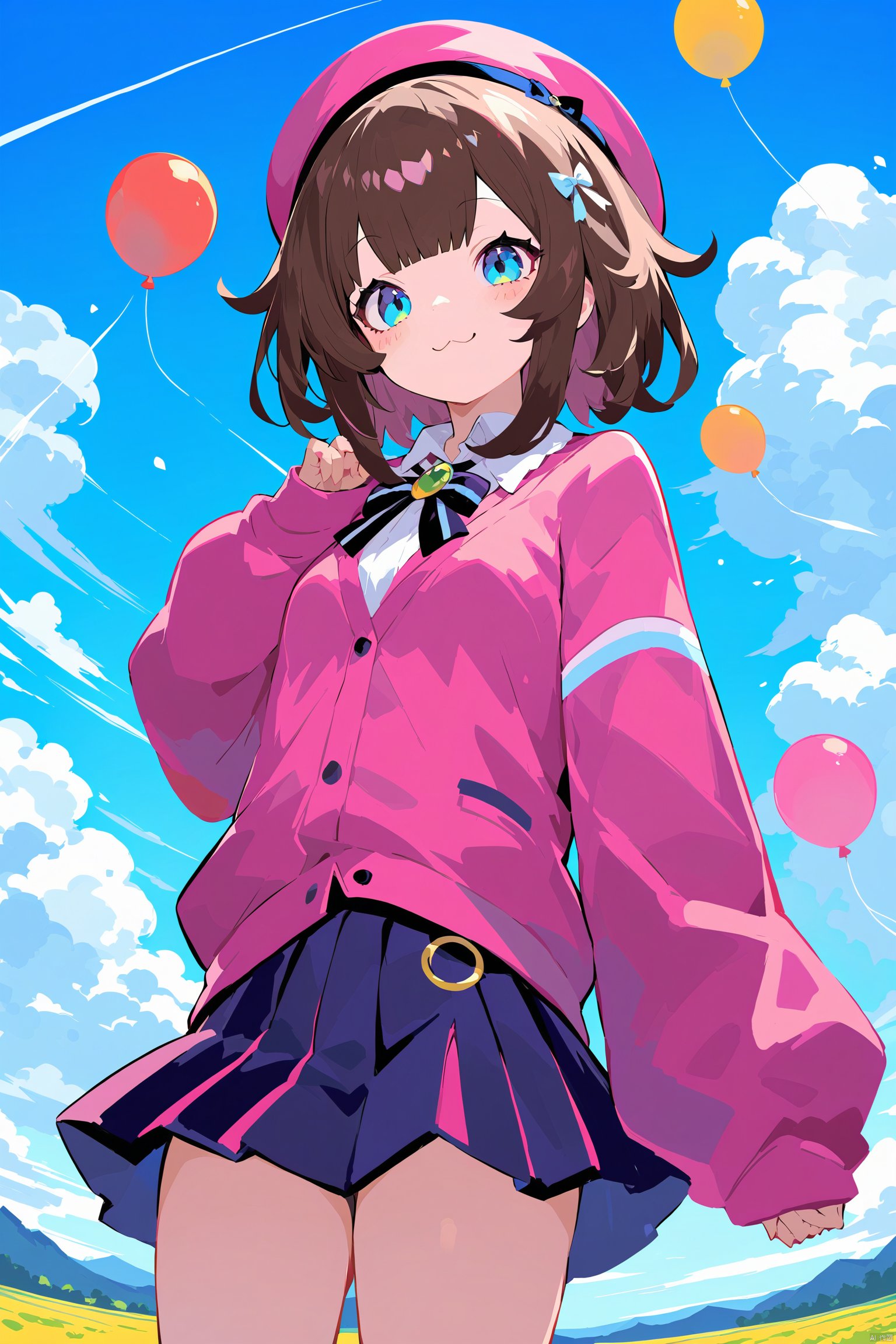 1girl, solo, looking at viewer, blush, smile, bangs, blue eyes, skirt, brown hair, shirt, hair ornament, long sleeves, hat, bow, jewelry, closed mouth, white shirt, cowboy shot, outdoors, frills, sky, day, striped, cloud, virtual youtuber, bowtie, black skirt, medium hair, blue sky, sleeves past wrists, :3, beret, cardigan, x hair ornament, brooch, vertical stripes, striped bow, balloon, striped skirt, pink cardigan, vertical-striped skirt, suzuhara lulu