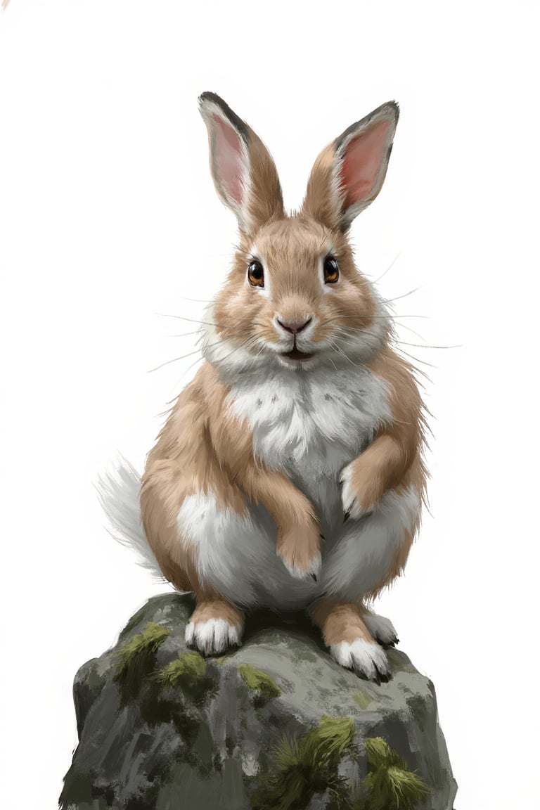 concept_art of a whimsical illustration of a fluffy rabbit, posed playfully on a moss-covered rock, white background, brushstrokes