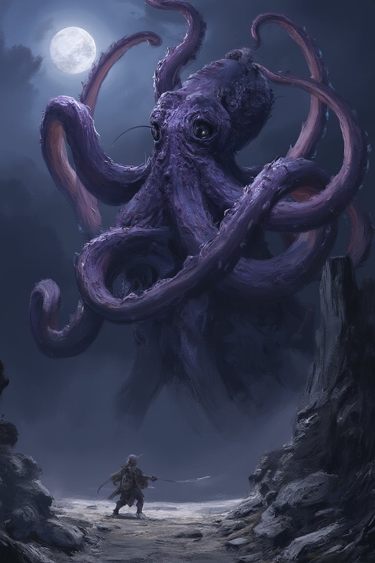 concept_art of A behemoth purple octopus creature rises from the dark depths, its massive tentacles curling around a desolate, moonlit landscape in simple background