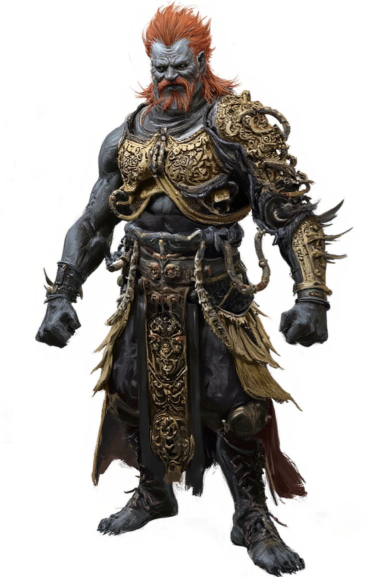 concept_art of general warrior monster , he has red hair standing and wearing golden intricate armor in black paint brush strokes and white background