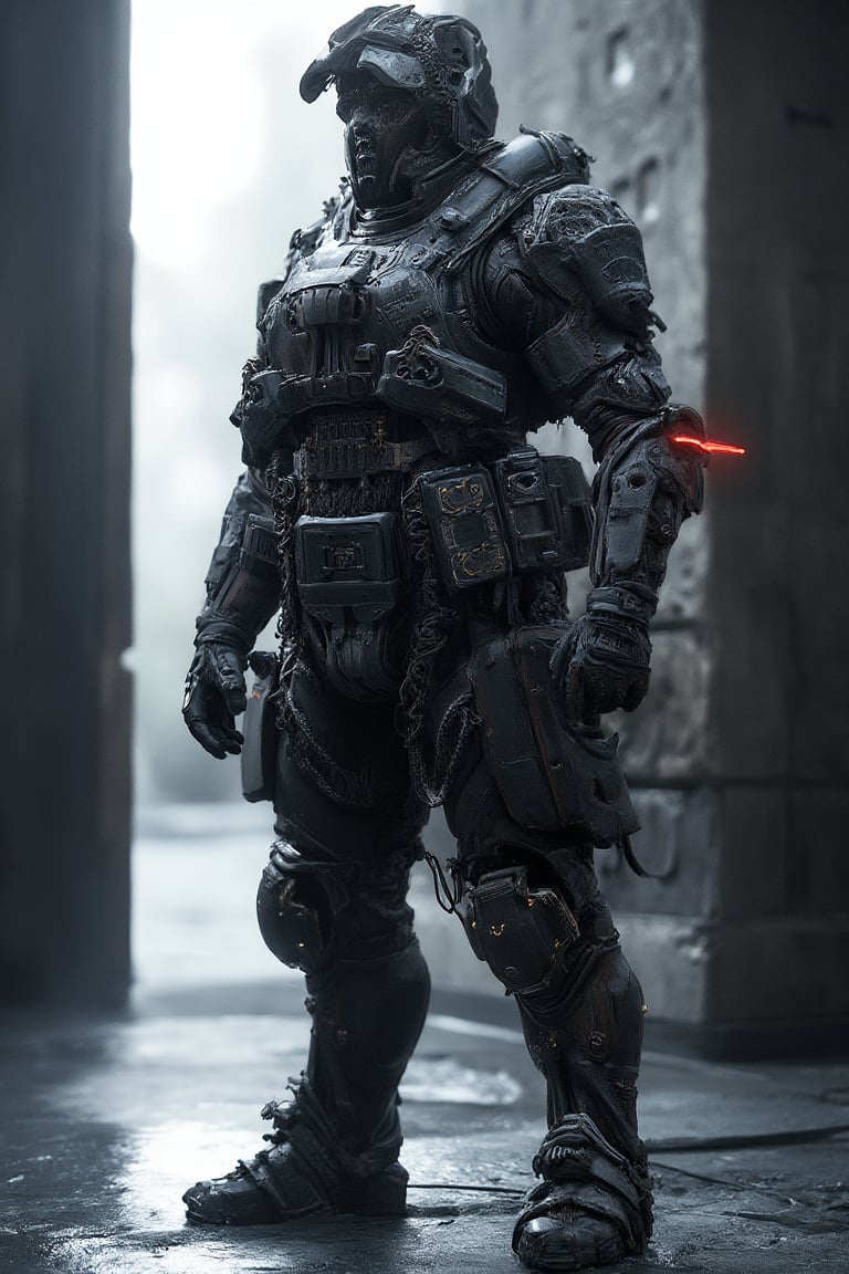 concept_art of an armored soldier standing at attention in a dimly lit, futuristic bunker, white background