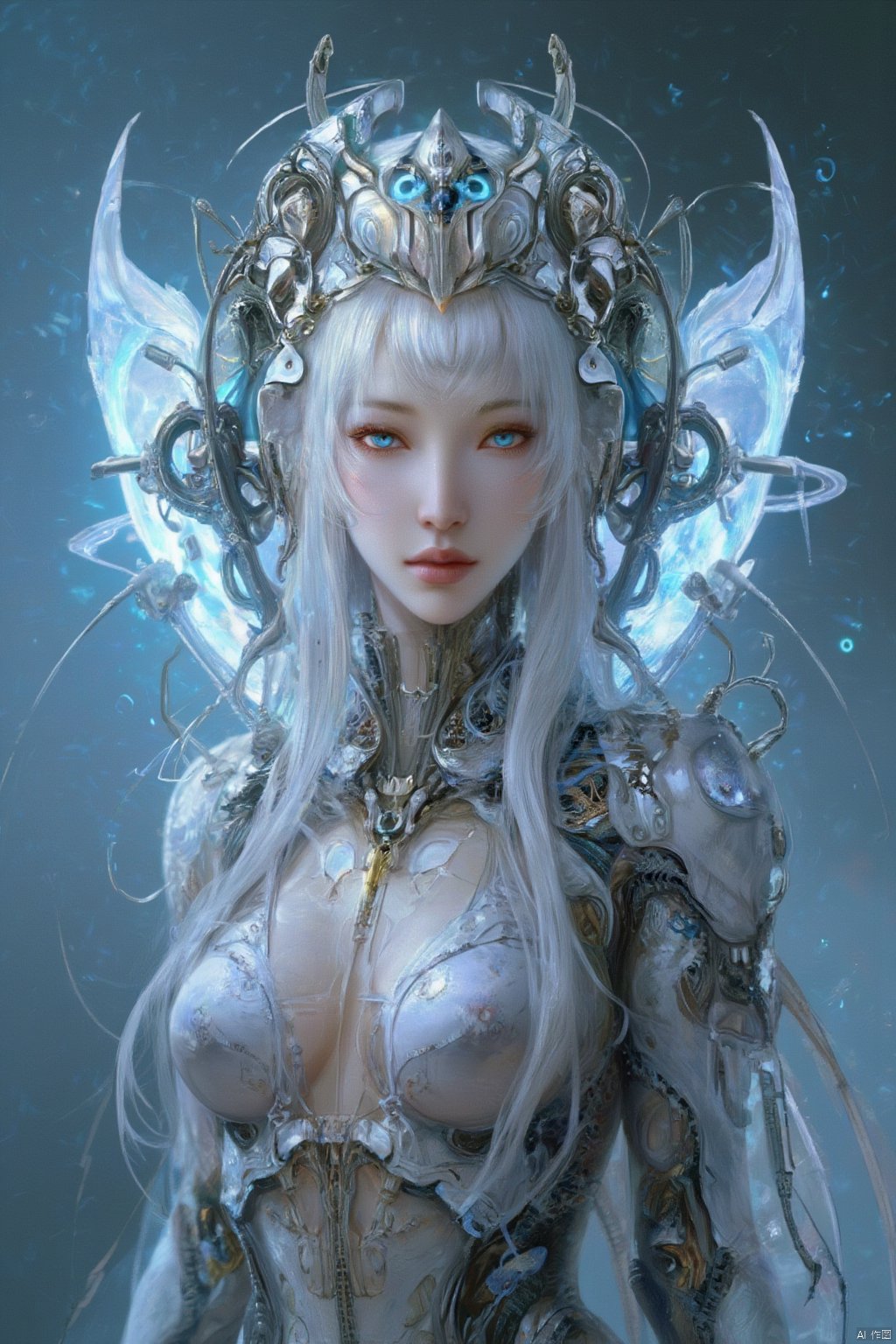 1girl, solo, long hair, breasts, looking at viewer, blue eyes, medium breasts, closed mouth, white hair, cowboy shot, wings, lips, see-through, gradient, gradient background, blue background, zipper, science fiction, android, joints, cyborg, mechanical wings, cyberpunk