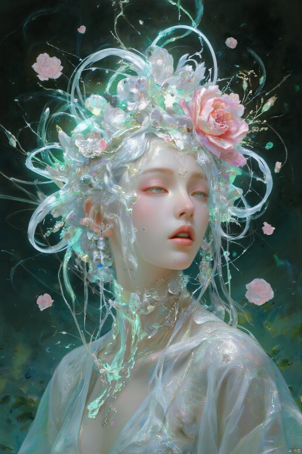 watercolor style,An Acrylic style painting that is expressive, gives it a dynamic and emotional quality. Anime art of a stylized portrait of a woman with a ethereal white and green mist surrounding her body. The mist creates a dramatic and surreal effect. A pink flower, that is blooming, covering one eye, attached to the face. The woman has a cold aesthetic, complimented by her white hair. Anime art of woman draped in shadows with a lighting that enhances her unique features. The background is dark green, filled with black rose petals.  shush, shushing motion,.,Winslow Homer style