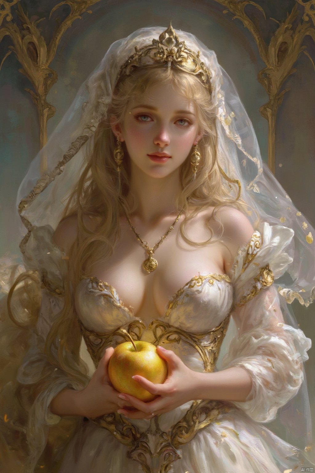 A girl, veil, jewelry, necklace, holding a golden apple, bust, tulle, cleavage, long blond hair, micro-volume, indoor, mural.