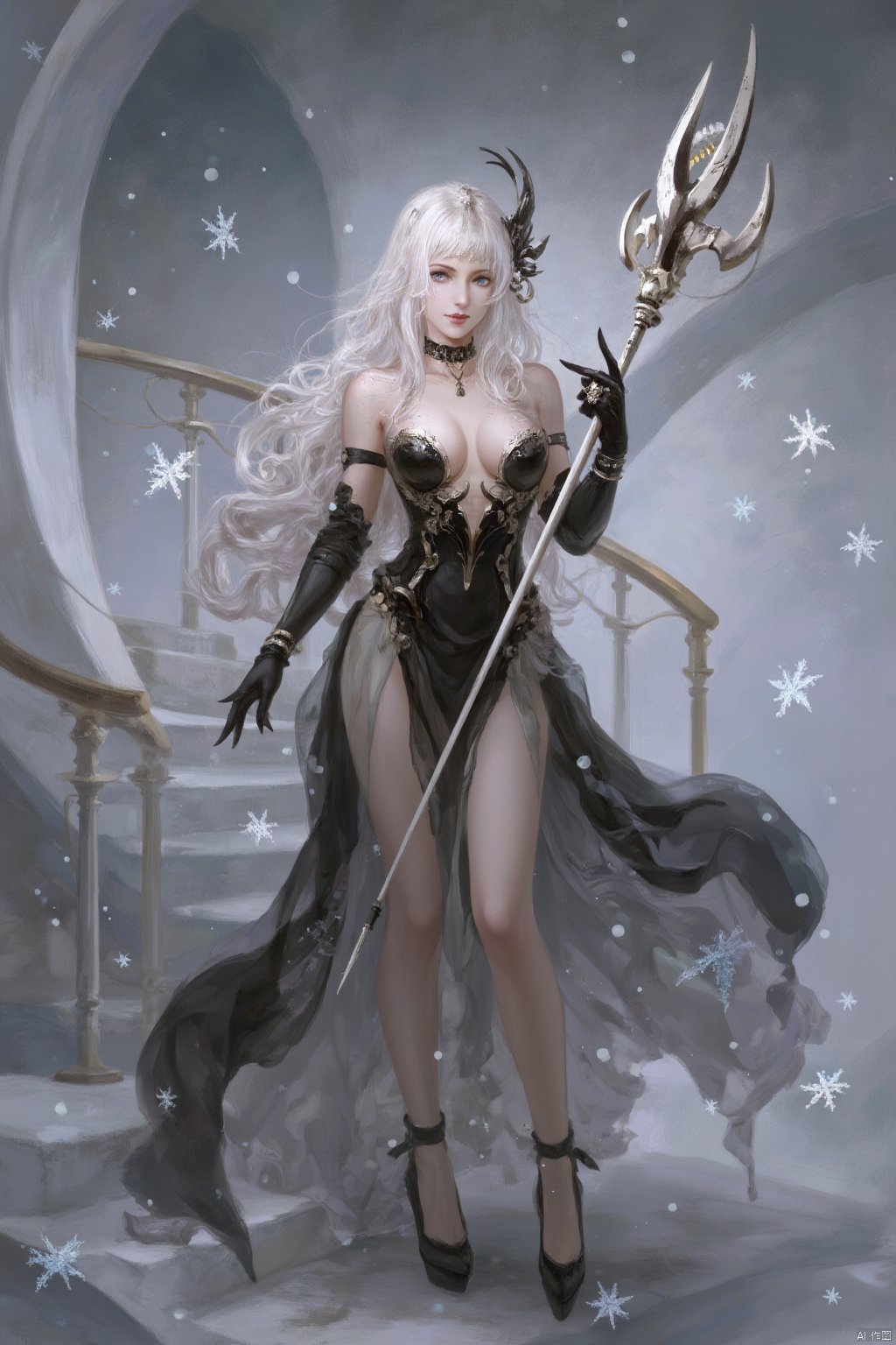 1girl, solo, long hair, breasts, looking at viewer, hair ornament, gloves, dress, holding, bare shoulders, jewelry, very long hair, standing, full body, white hair, choker, black gloves, black footwear, black dress, high heels, grey eyes, ring, staff, single glove, stairs, holding staff, snowflakes