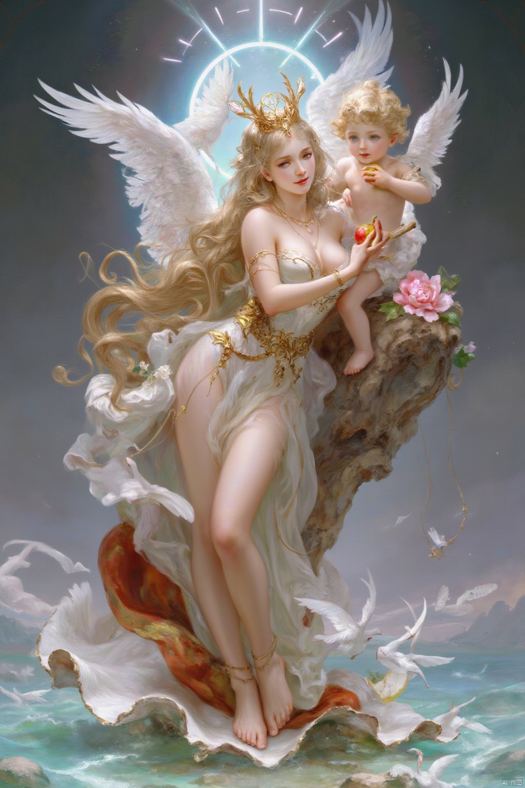 1girl, long hair, breasts, blonde hair, 1child, dress, holding, jewelry, standing, flower,  food, wings, barefoot, water, fruit, bird, holding food, armlet, apple, holding fruit, 