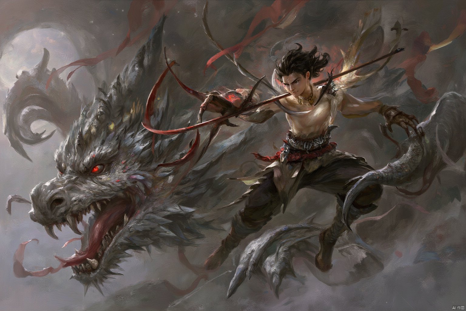 black hair, 1boy, weapon, male focus, polearm, spear, bow \(weapon\), dragon,Sharp claws, open mouth, fangs, red eyes, loong.