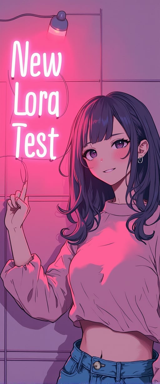  A very beautiful woman is pointing at the viewer and smiling, pointing at a large neon sign that says "New Lora Test". The background is cute with light tones in a Japanese style. Detailed texture, high quality, high resolution, high precision, realism, color correction, good lighting settings, harmonious composition, Behance work, watercolor, text, the text is "",ct-animepopstyle